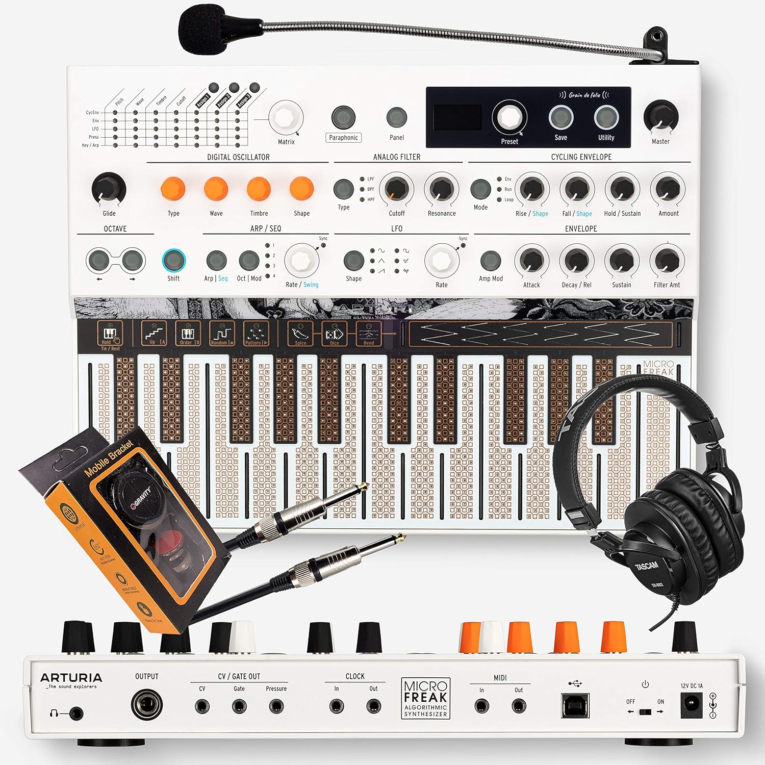 Arturia MicroFreak Vocoder Edition Hybrid Synthesizer 25-key Paraphonic Hybrid Hardware Synth and Vocoder with Flat Keyboard and Gravity Phone Holder and Pro Headphone and EMB Cable Bundle