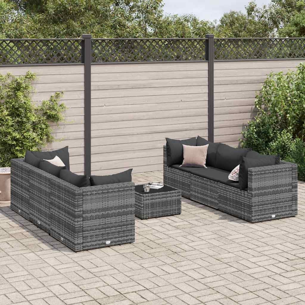 7 Piece Patio Lounge Set with Cushions Gray Poly Rattan, Patio Furniture Sets, Outdoor Furniture