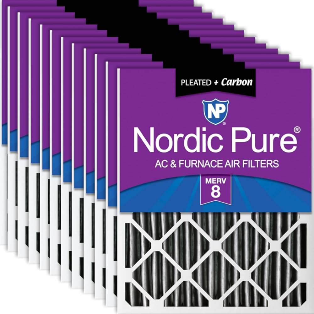 Nordic Pure 20x20x2 (19 1/2 x 19 1/2 x 1 3/4) Furnace Air Filters MERV 8 Pleated Plus Carbon 12 Pack