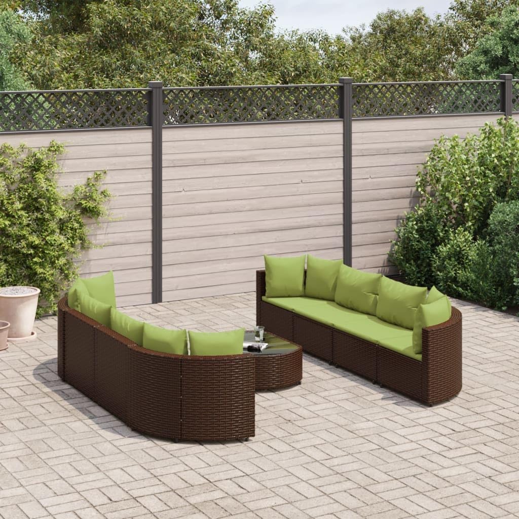 9 Piece Patio Sofa Set with Cushions Brown Poly Rattan,Outdoor Rattan Sofa Set with Comfortable Cushions and Durable Tempered Glass Table for Patio, Garden, Terrace Furniture Sets for Patio, Lawn & Ga