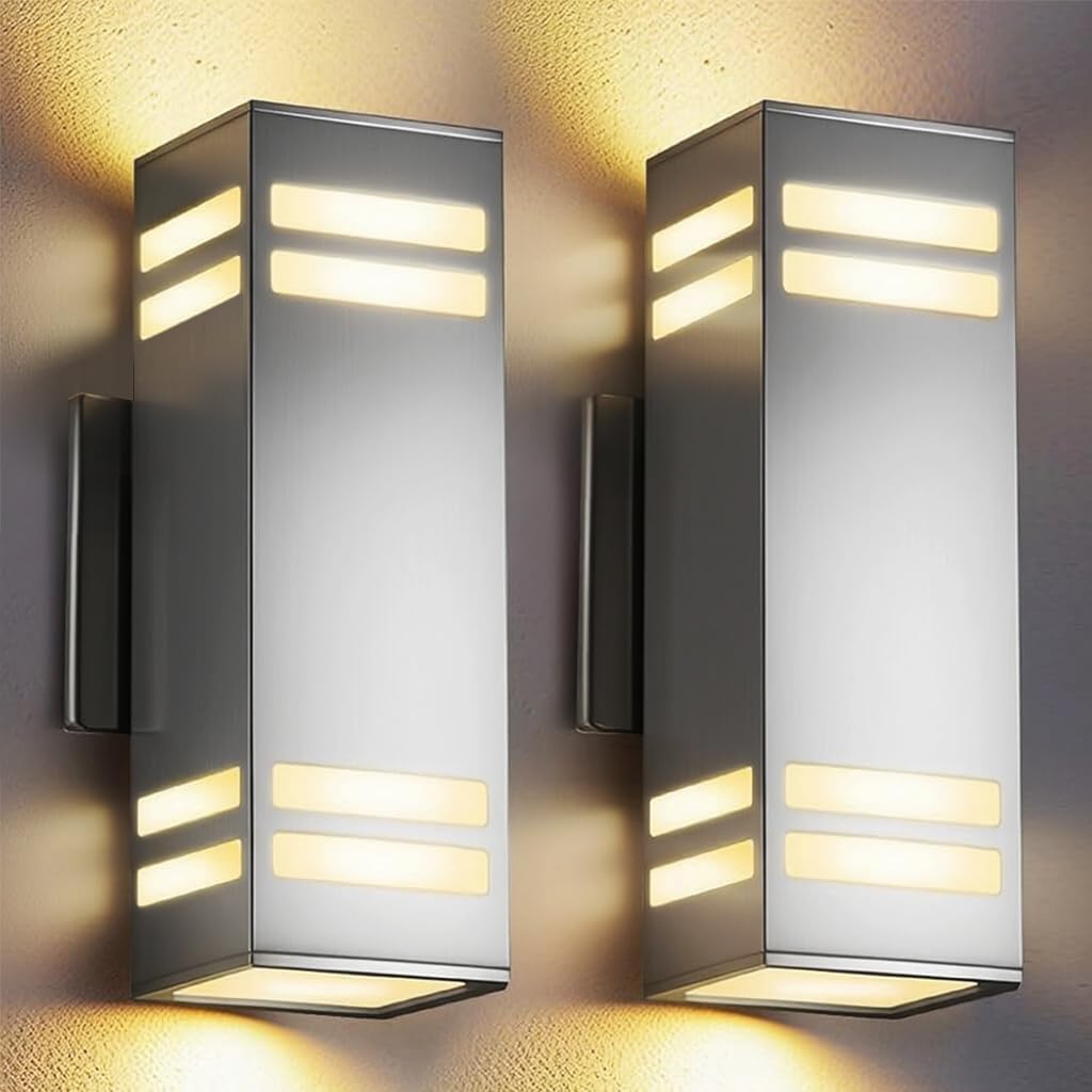 Dusk to Dawn Outdoor Lighting 2 Pack, Up and Down Lights Stainless Steel Exterior Light Fixture with Photocell Sensor, Waterproof Modern Outside Lights for House Garage Porch, LED Bulbs Included