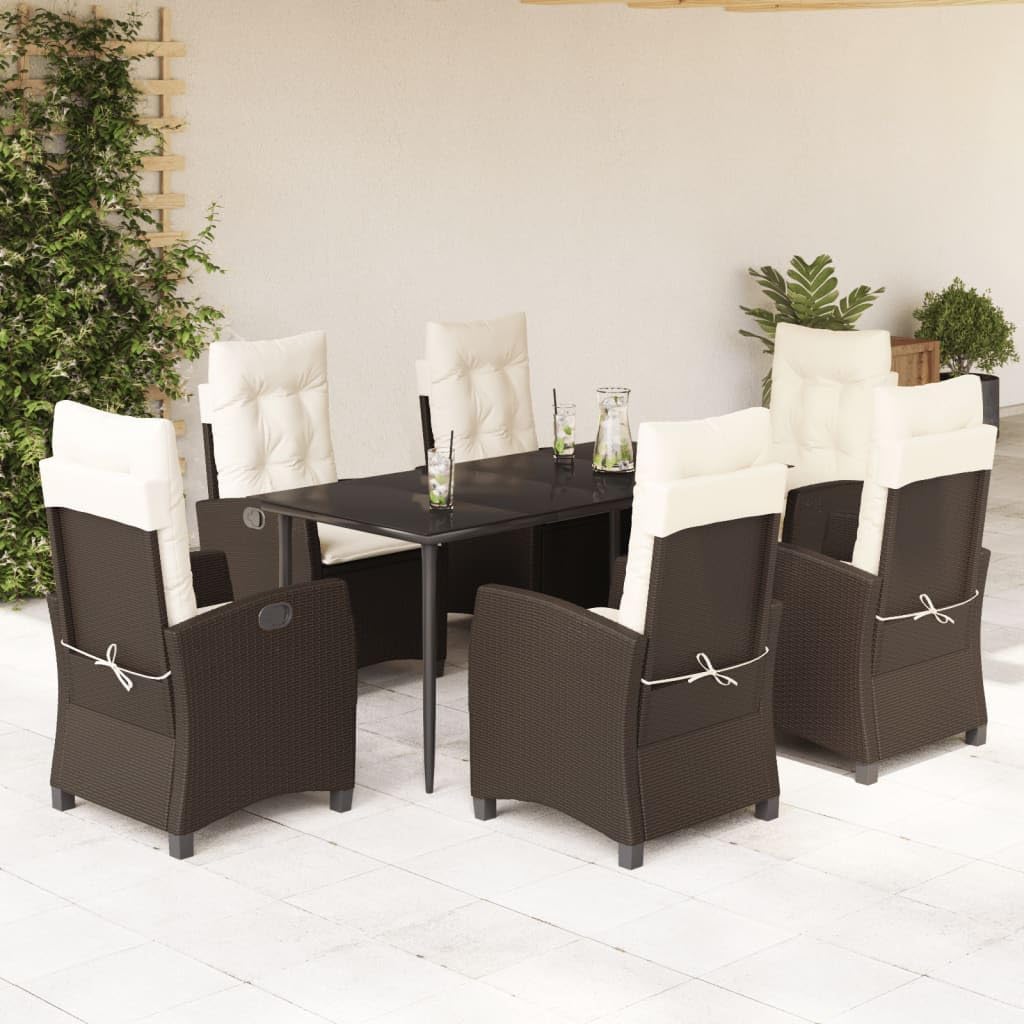 Rectangular Garden Dining Set, Brown Poly Rattan, Powder-Coated Steel Frame, 6-7 Person Outdoor Table and Chairs Patio Furniture Set for Backyard, Terrace