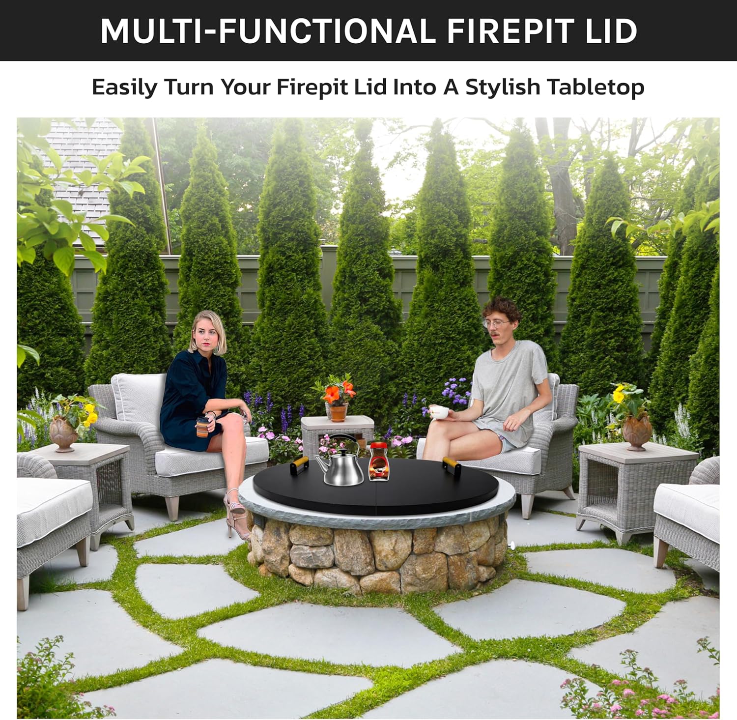 42” Fire Pit Cover Lid Round - Fit for 40” Round Fire Pit Lid for Outdoor Fireplace Cover Lid Steel fire pit metal cover W/ 2 Wooden Handles & Heat Resistant Snuffer Lid for Patio Fire Pit Ring