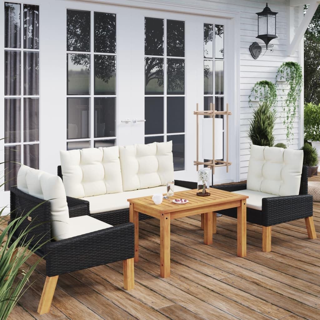 4 Piece Patio Lounge Set with Cushions Poly Rattan and Solid Wood Garden Furniture