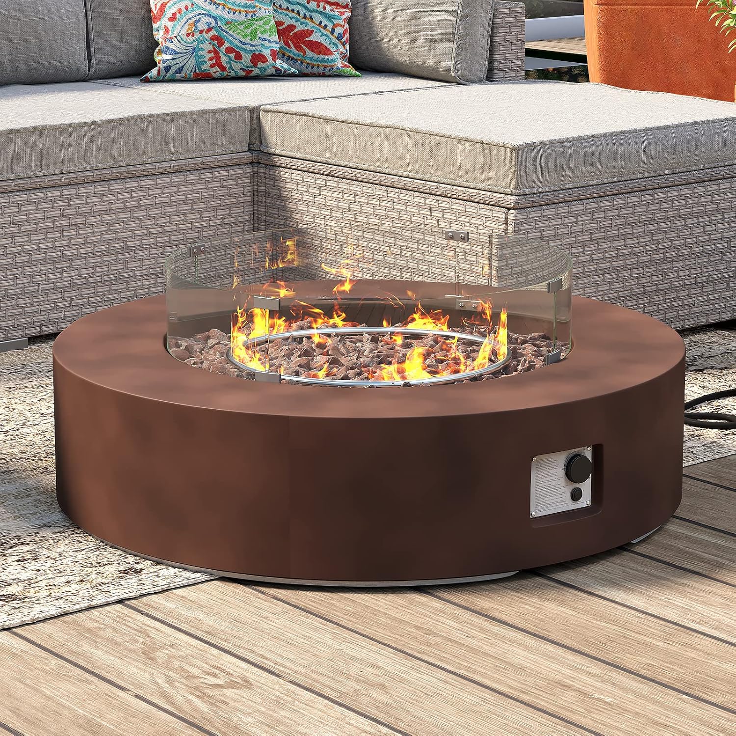 SUNBURY Outdoor Propane Burning Fire Pit, Circular Dark Brown Patio Fire Table 50,000 BTU w Lava Rocks, Glass Wind Guard, Waterproof Cover