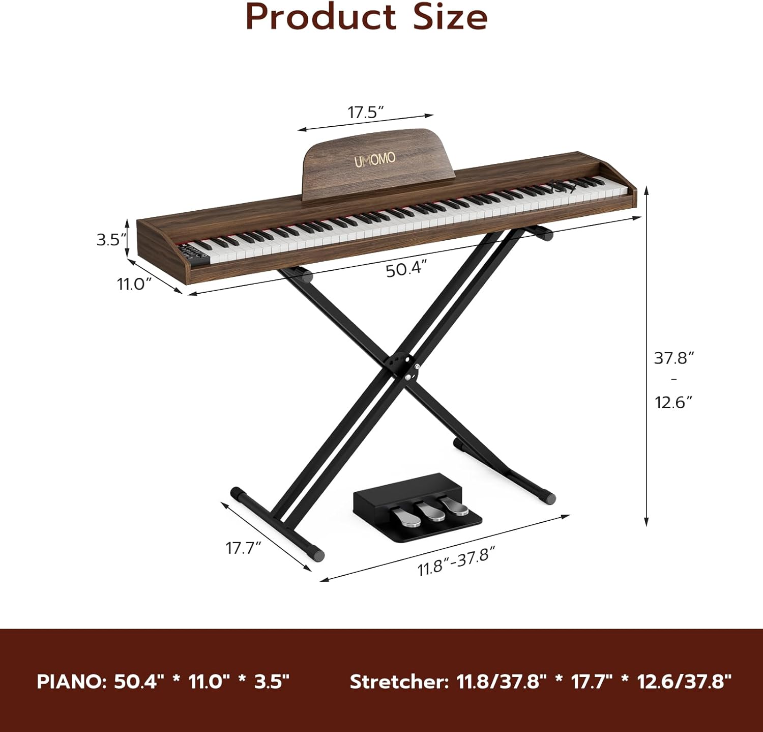 UMOMO U-723 88 Key Digital Piano Keyboard with Piano X Stand, Full Size Electric Piano with Headphone, 3 Pedal, Electronic Piano for Beginner, Adults, Walnut