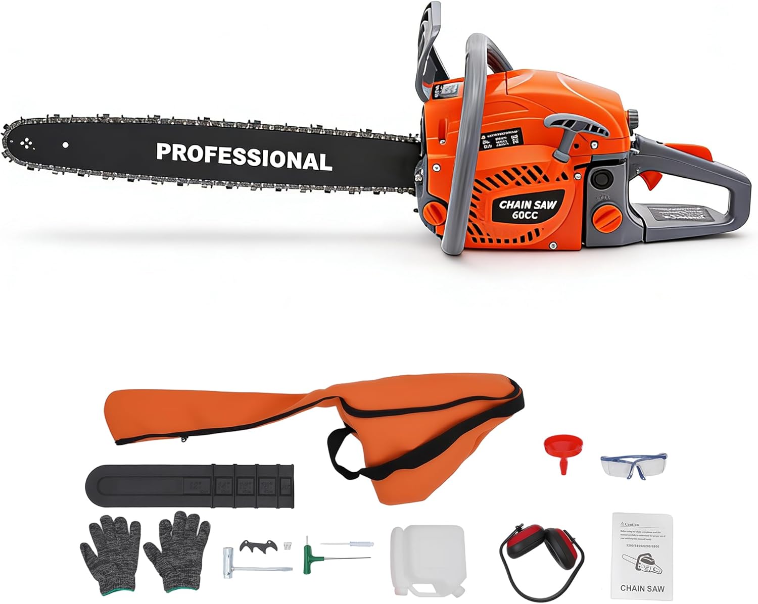 Gas Powered Chainsaw 60cc 2-Stroke Handheld Petrol Chain Saw 22in Gasoline Chainsaw Power Head with Single Cylinder, Air-cooled for Tree Wood Cutting, Orange