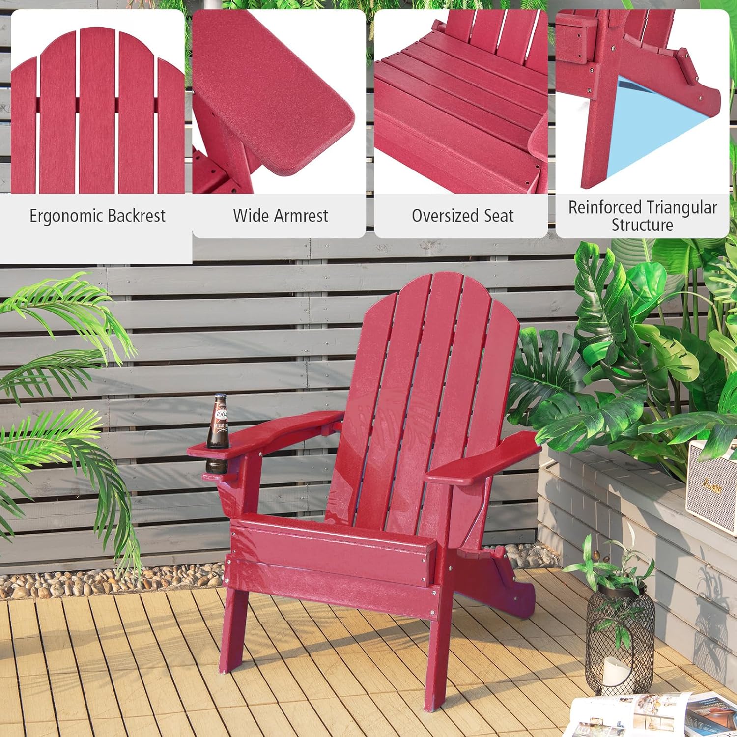 Giantex 4 Pack Adirondack Chair, Outdoor Folding Chairs, HDPE Weather Resistant Patio Chair with Built-in Cup Holder, Lawn Chair for Yard, Balcony, Deck, Outside, Campfire, Plastic Fire Pit Chair