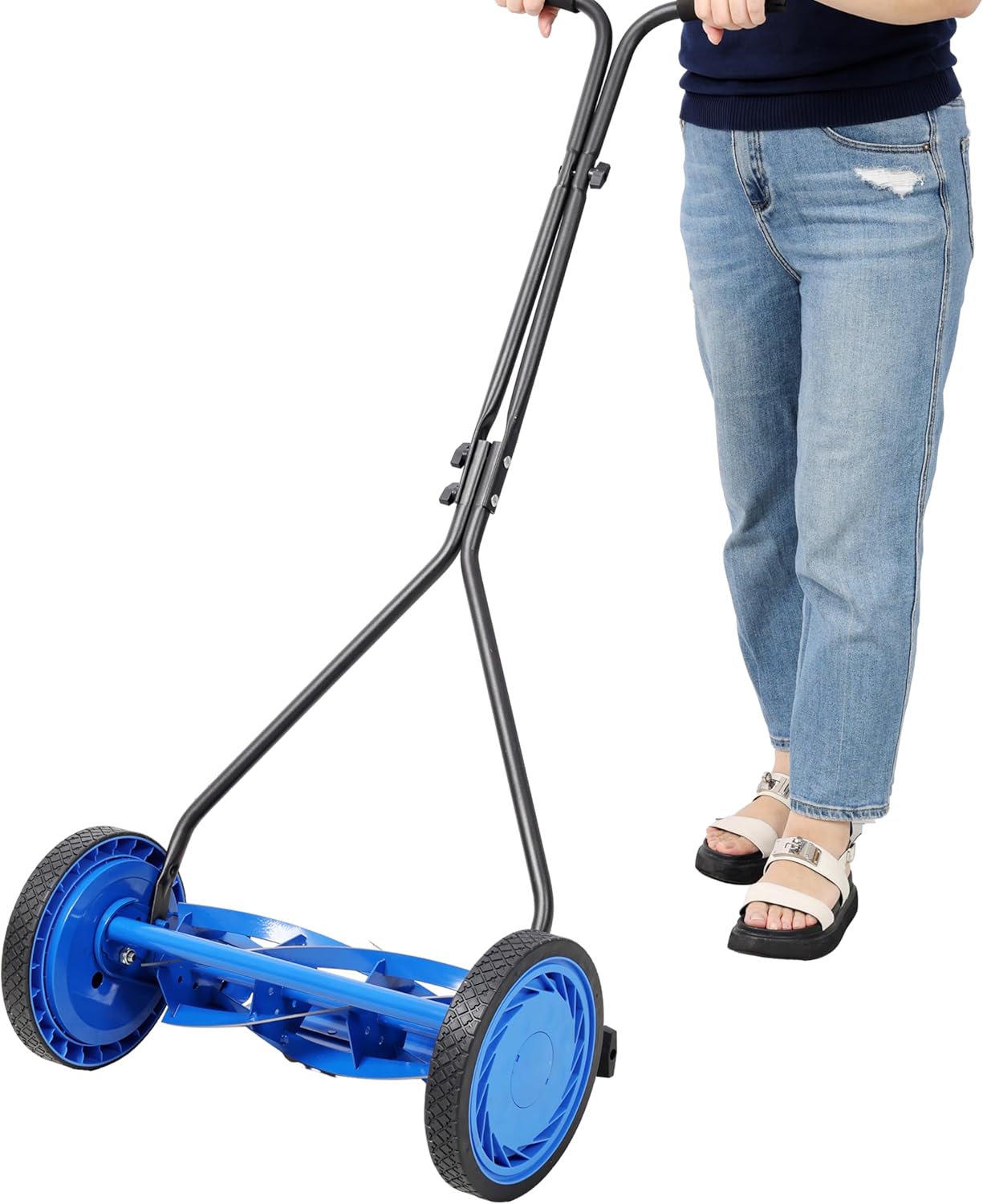 Manual Push Lawn Mower, Push Reel Lawn Mower with 16 Inch Cutting Width, 5 Blade Ball Bearing Reel, 10 Inch Polymer Wheels, Adjustable Height 05 to 225 Inch, Lightweight Premium Grass Cutter