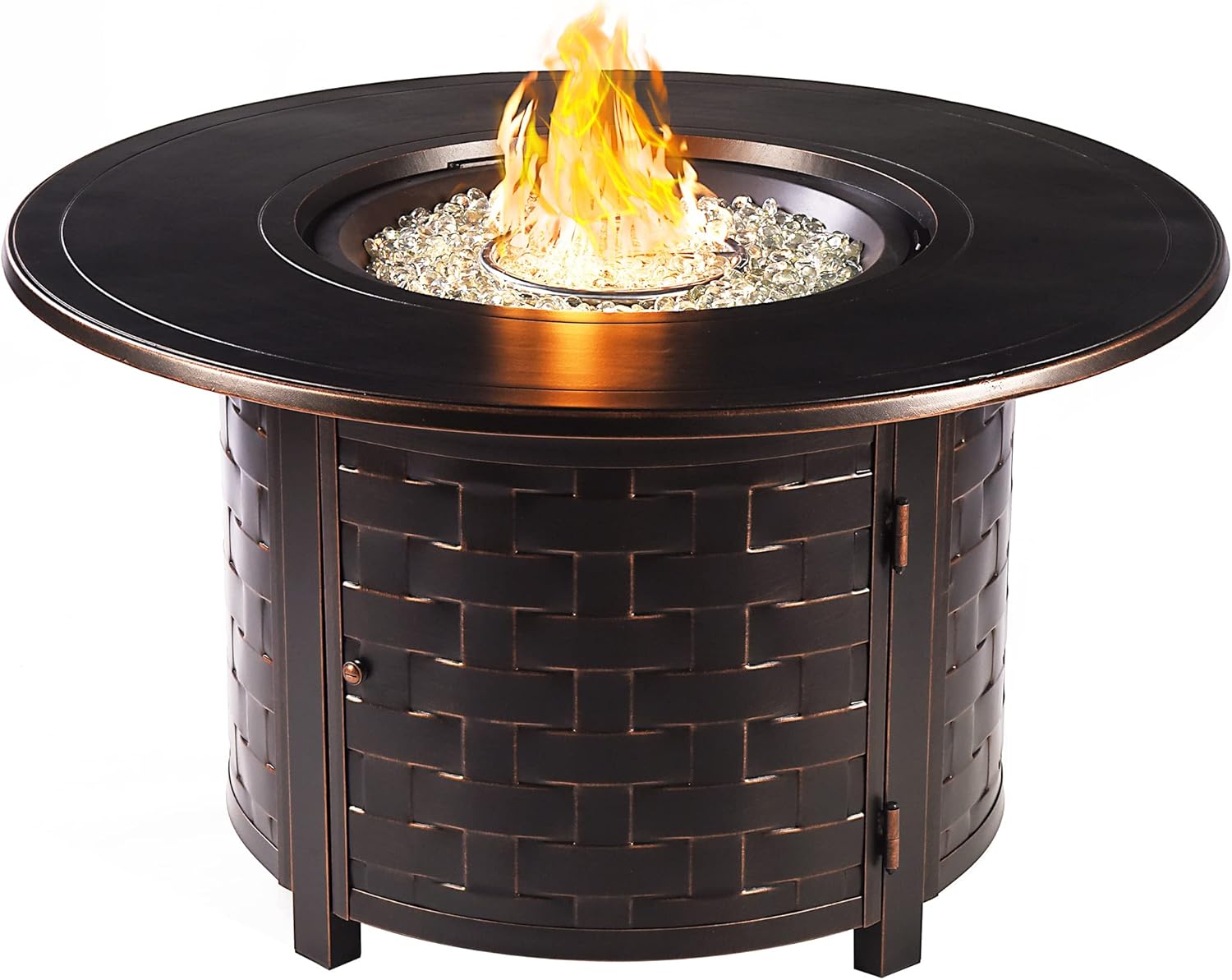 Aluminum 57,0000 BTU 44 in. Round Propane Black Fire Pit Table with Fire Beads, Lid, Propane Tank Cover and Table Fabric Covers in Copper Finish