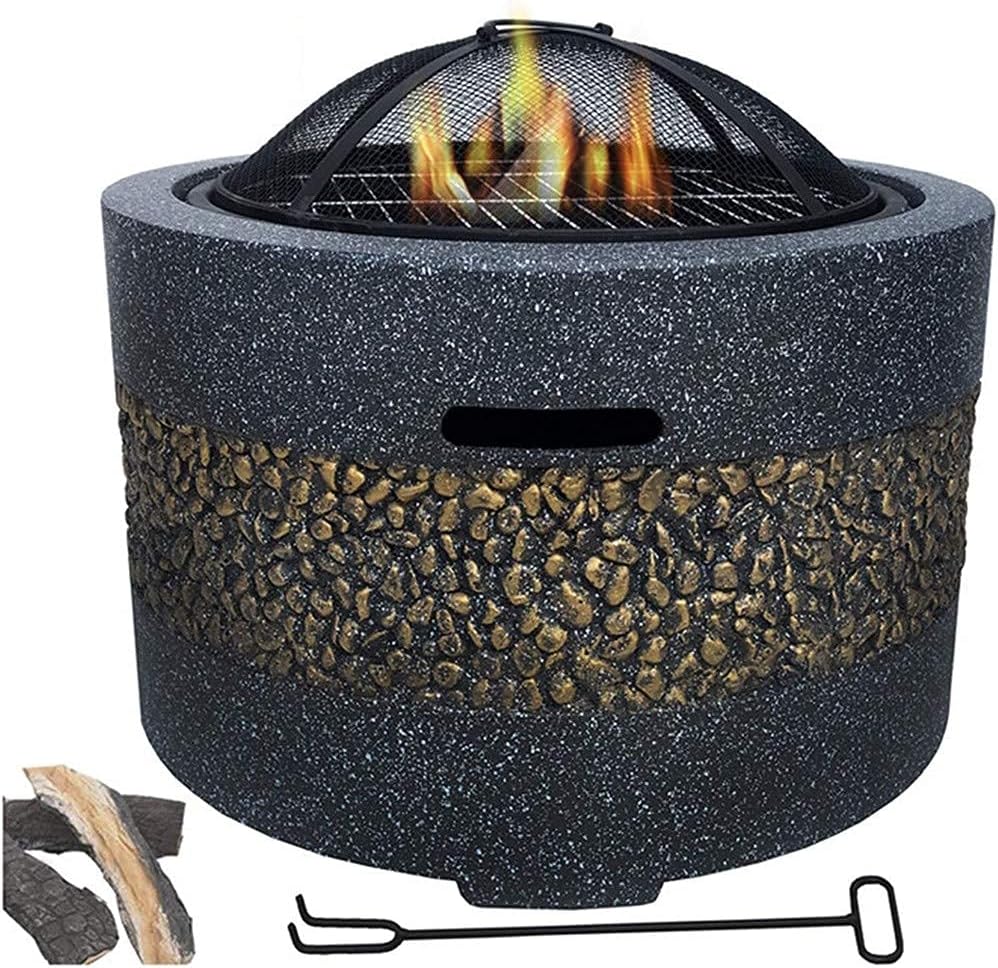 Cast Stone Fire Pit,Large Firepit Table Wood Burning,Mesh Screen Spark Protector and Lift Hook,Heat Resistant Fire Bowl,Patio Garden Fireplace