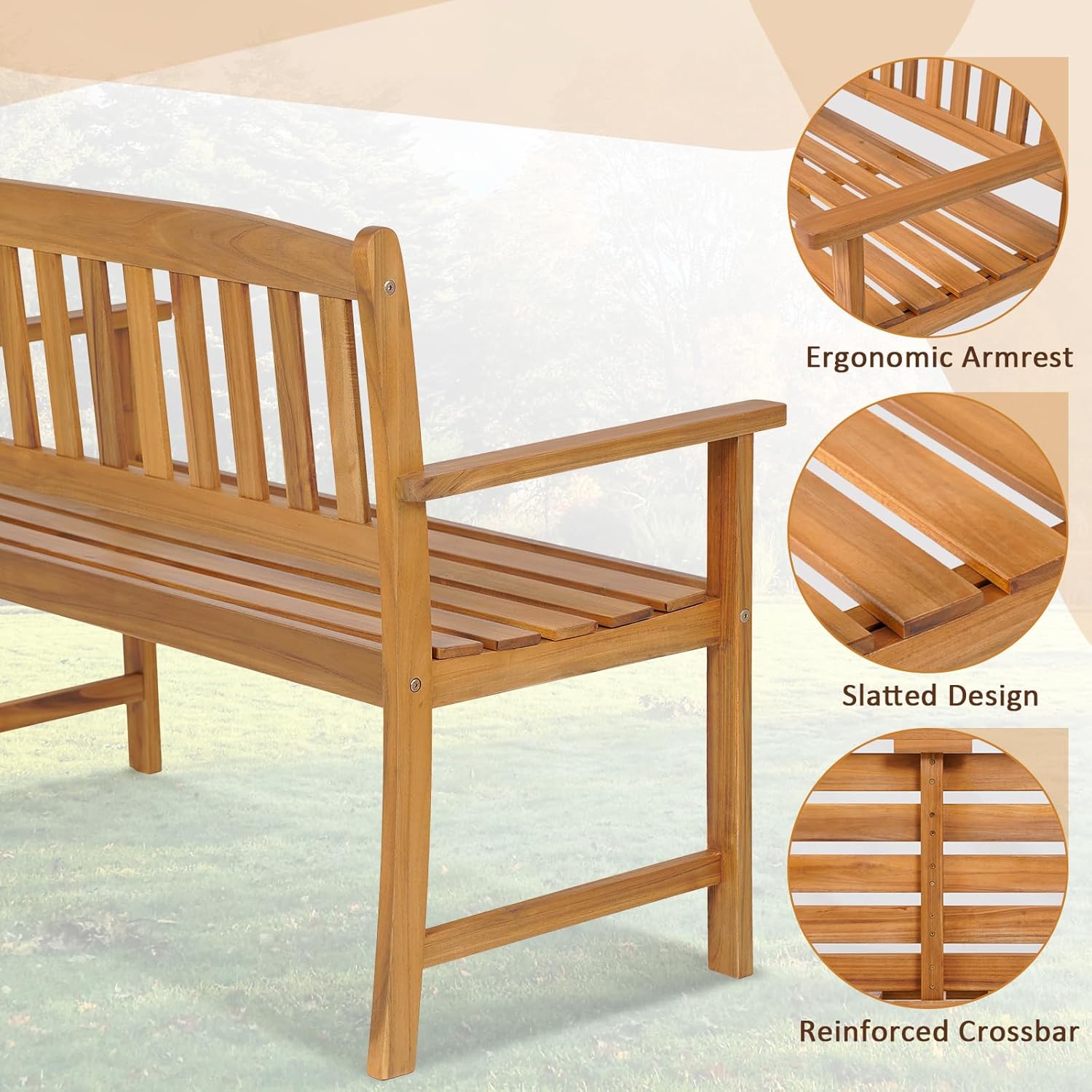 Tangkula Outdoor Acacia Wood Bench, 2-Person Garden Bench with Backrest and Armrests, Garden Bench with Slatted Seat for Porch, Park, Backyard, 800 Lbs Max Load, 43” L x 22” W x 34” H, Natural