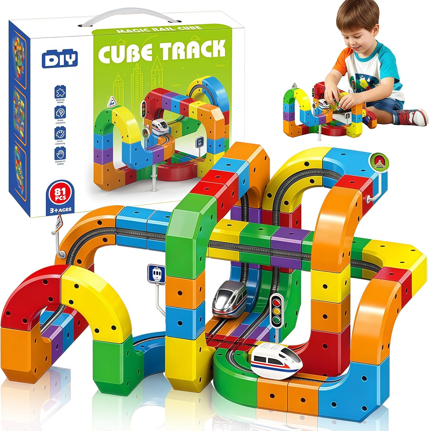 2026 New Train Track Fusion Set, Race Track with Cars, Flexible 3D Tracks Car Toys with Train and Traffic Signs,for 4-8 Year Old Boy Toys Boys Girls Birthday Party Gifts (123 PCS)