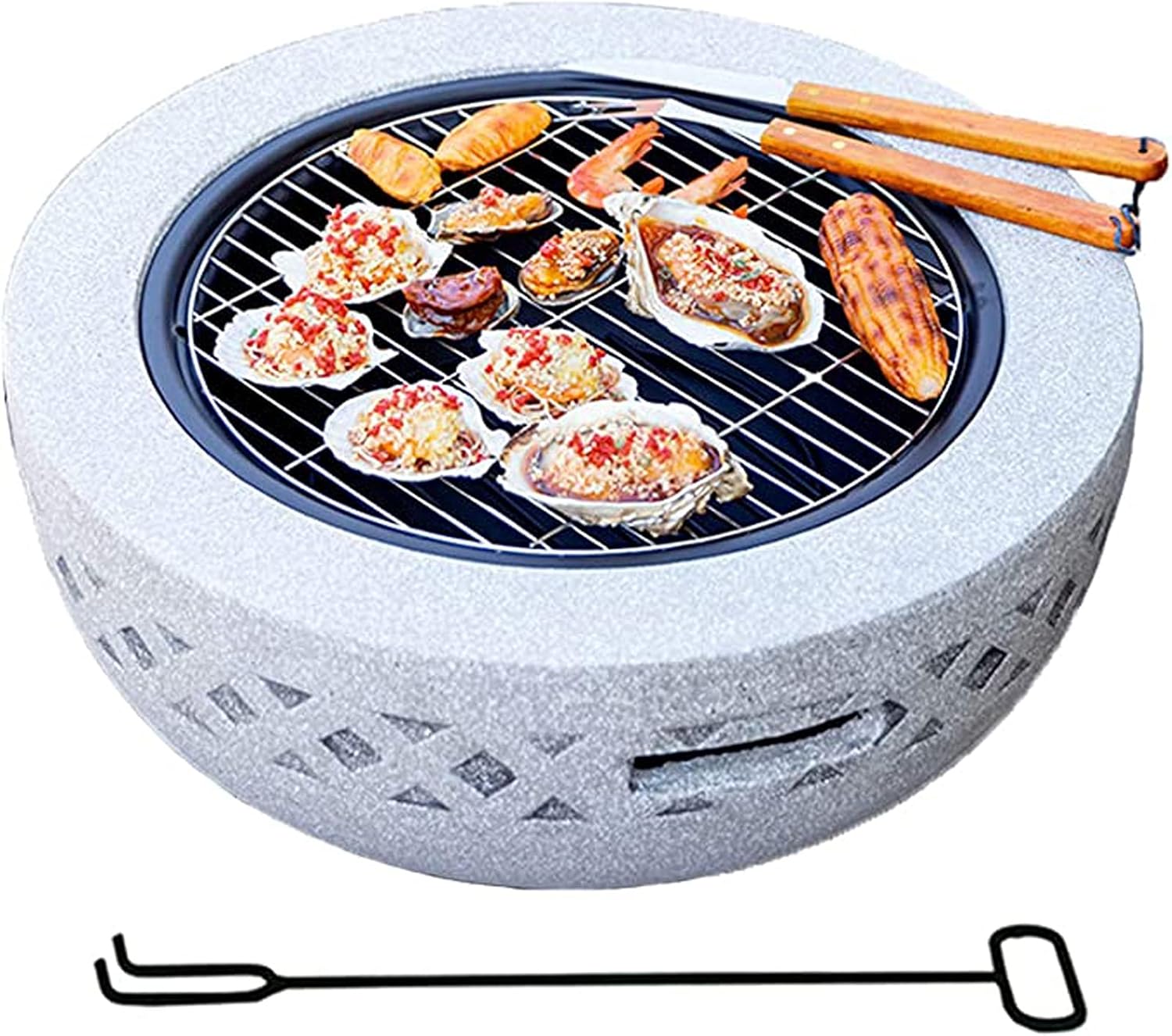 Fire Pit Upgraded Large 3 in 1 Fire Pit with BBQ Grill Shelf, Fire Bowl Out of Steel with an Edging of Mgo Artificial Stone with Poker, Grill, Mesh Lid, Grate