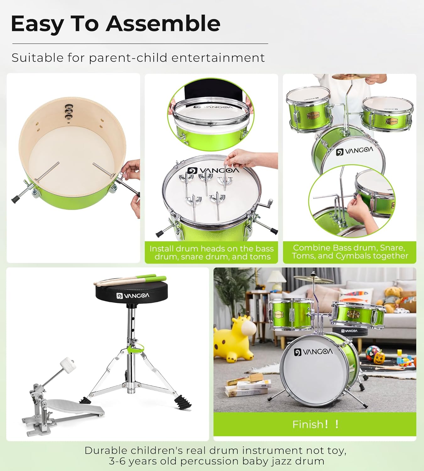 Kids Drum Set, 14 Inch Beginner Drum Kits, 3 Piece Drum Set for Kids Boys Girls Age 3-7, with Adjustable Throne, Cymbal Pedal, Drumsticks, Bright Green