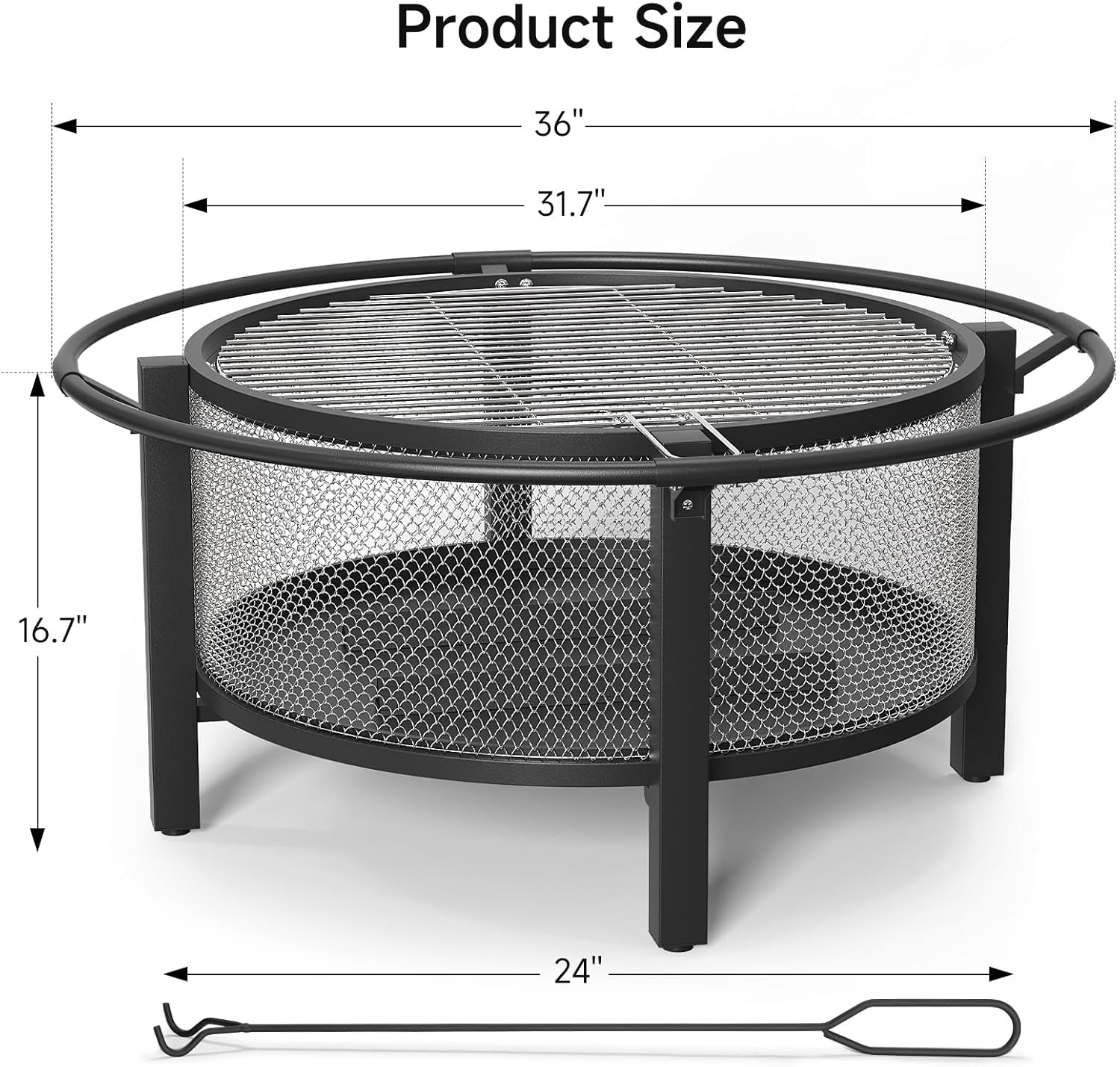 ONBRILL 2-in-1 36 Inch Fire Pit with Cooking Grill, Outdoor Wood Burning Firepit with Poker for BBQ, Bonfire, Picnic, Party, Round Metal Fire Pit for Outside, Backyard, Patio
