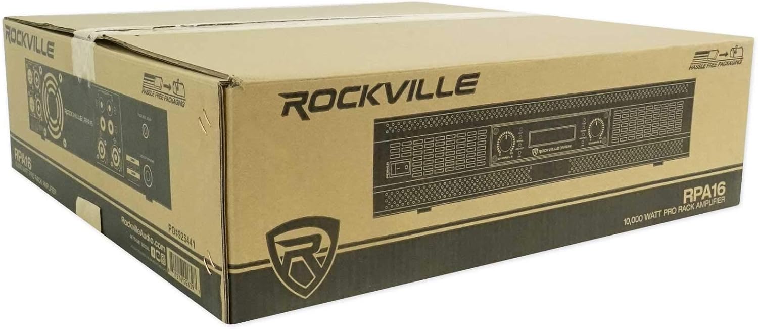 Rockville RPA16 10000W Peak/3000W RMS 2-Channel Power Amplifier, Bridgeable, Built-in Crossover, Limiter, LCD Display, XLR/Speakon/Banana Outputs, for Pro Audio and DJ