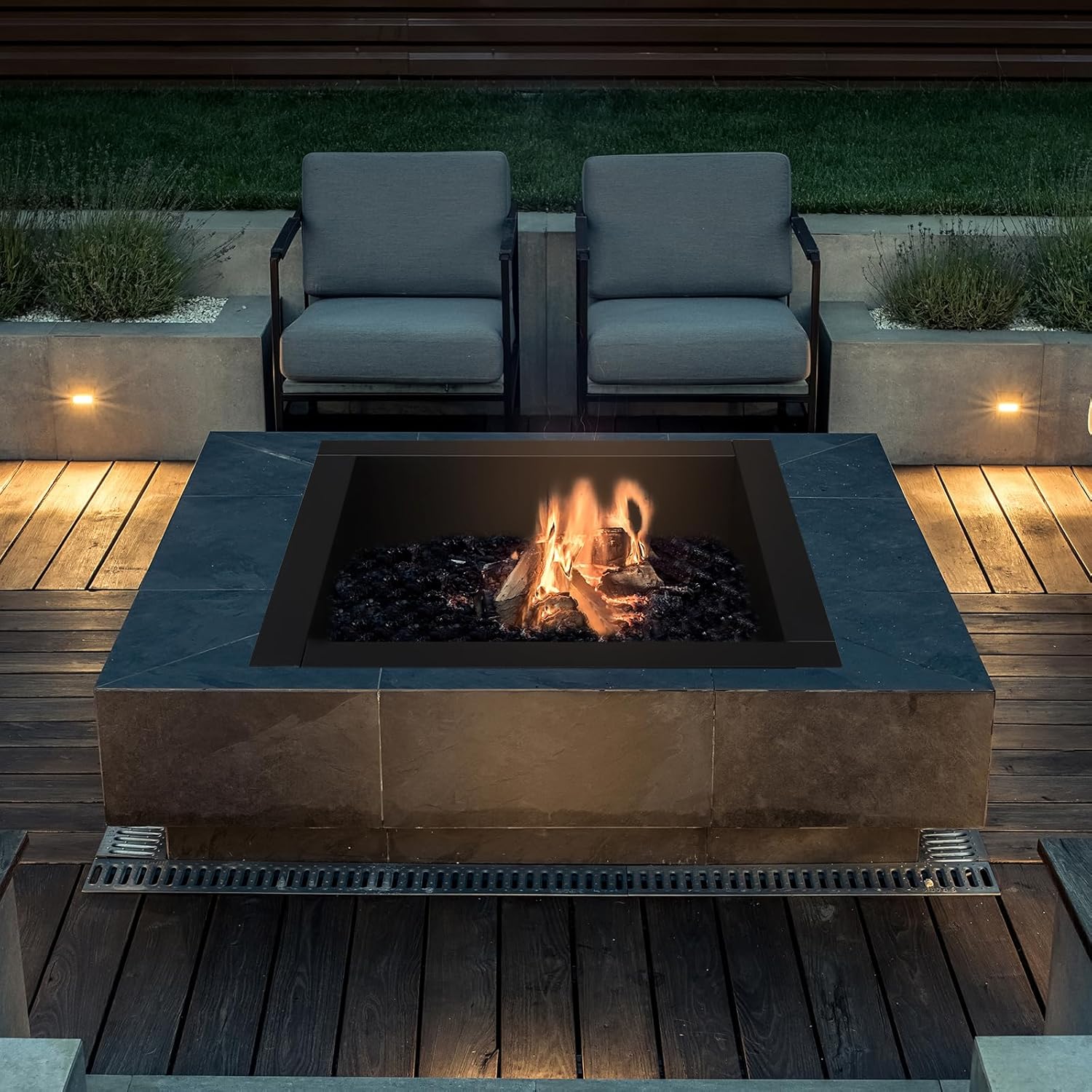 Black Outdoor Fire Pit Ring Fire Pit Square Steel Wood Burning Firepit Bowl, Square Fireplace for Outdoor Heating, Backyard BBQ 36
