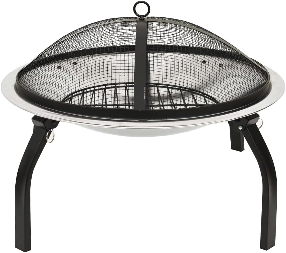 Outdoor Fire Pit with BBQ Grill, Fire Bowl with Poker and Mesh Screen for Bonfire Wood Burning Barbecue (Silver)
