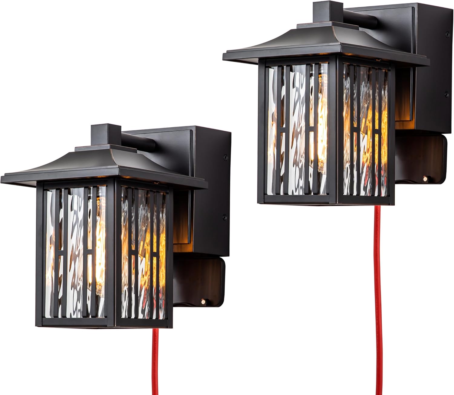 Outdoor Porch Lights with GFCI Outlet, Bronze Exterior Wall Lights Fixture for House, Patio Lights Wall Mount with Water Ripple Glass, Waterproof Outside Wall Sconce for House, 2 Packs