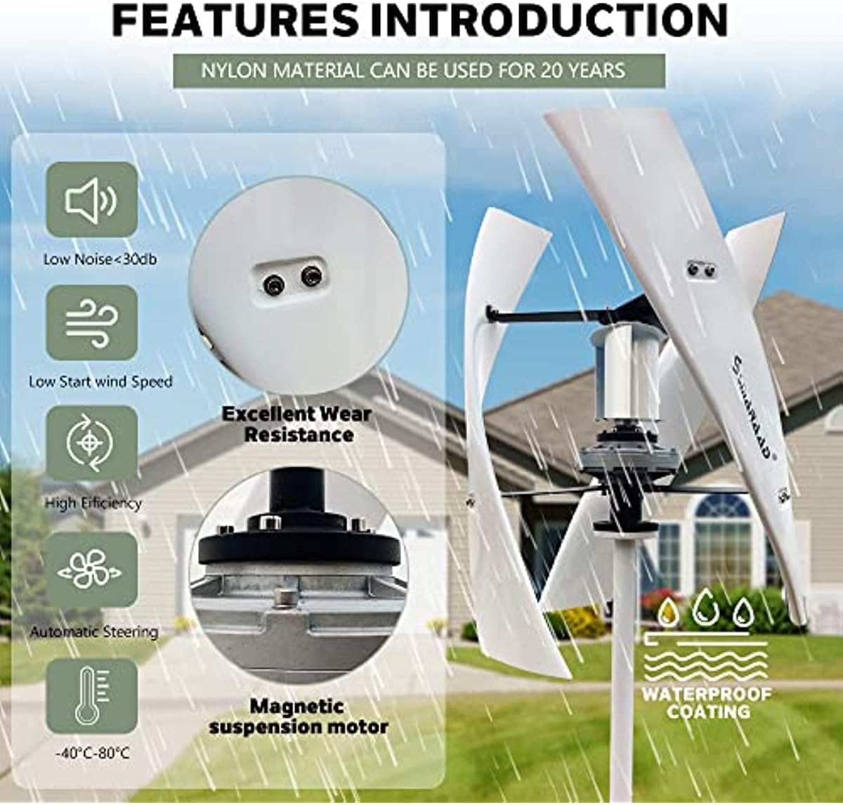 5000W Vertical Magnetic Wind Turbine Generator, 220V 3 Blades Vertical Levitation Upright Wind Generator 12V 24V 48V with MPPT Controller for Home Outdoor Garden (12V)