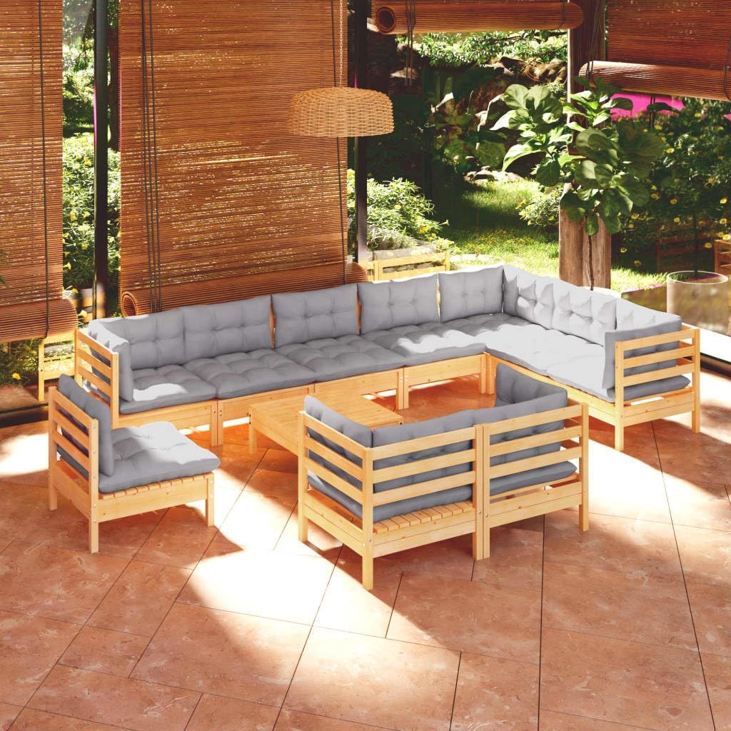 11 Piece Patio Lounge Set with Gray Cushions Solid Pinewood,Modular Patio Lounge Set Sturdy Pinewood Furniture for Relaxing and Socializing Patio Furniture Sets, Outdoor Furniture Sets