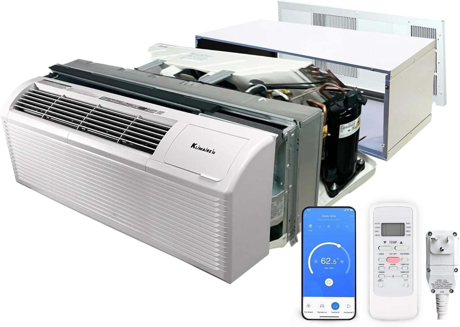 Klimaire 15,000 BTU PTAC Heat Pump A/C R-32 Wi-Fi Enabled with 3.5kW Electric Heater, Remote, Sleeve, Grille, Drain Kit - 230V