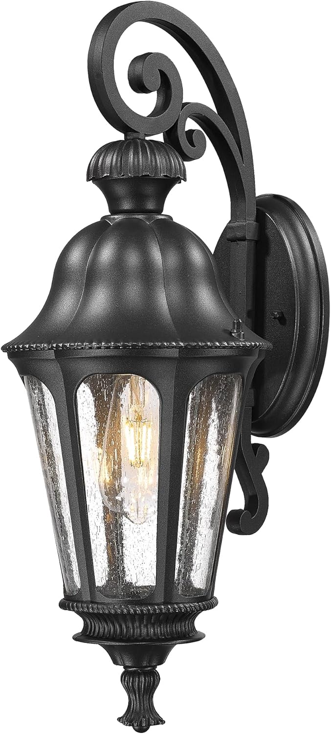Outdoor Wall Sconce, HWH 23'' Large Exterior Wall Lights with Seeded Glass, Wall Lamp Waterproof Antique Wall Lantern for Porch Patio Garage Entryway, 5HW90B-M BK