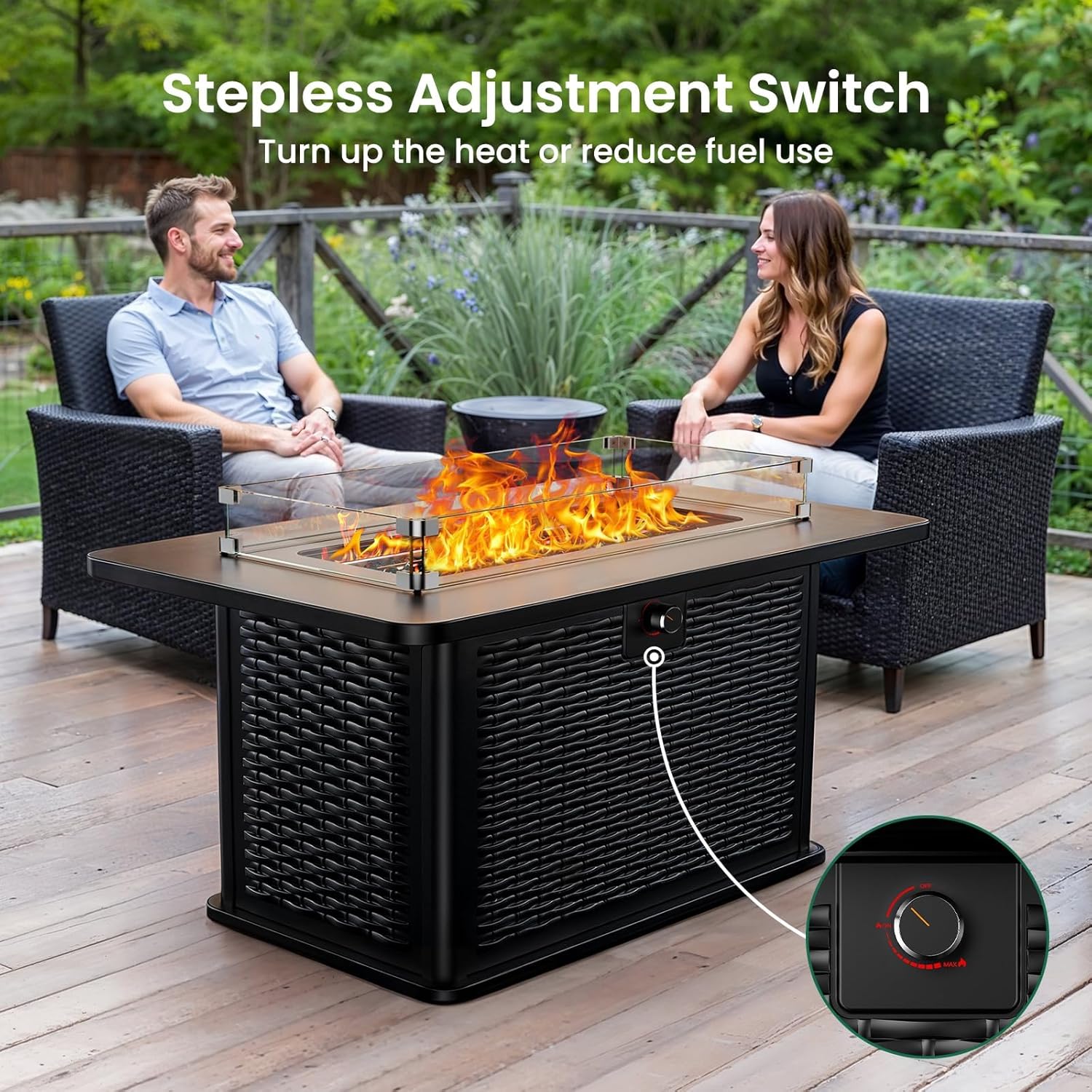 Ciays 43-Inch Rectangular Propane Fire Pit – 60,000 BTU Output, Premium Gas Fire Pit Table for Outside Patio, 304 Stainless Steel H-Burner, Glass Stones & Wind Guard, Black Finish