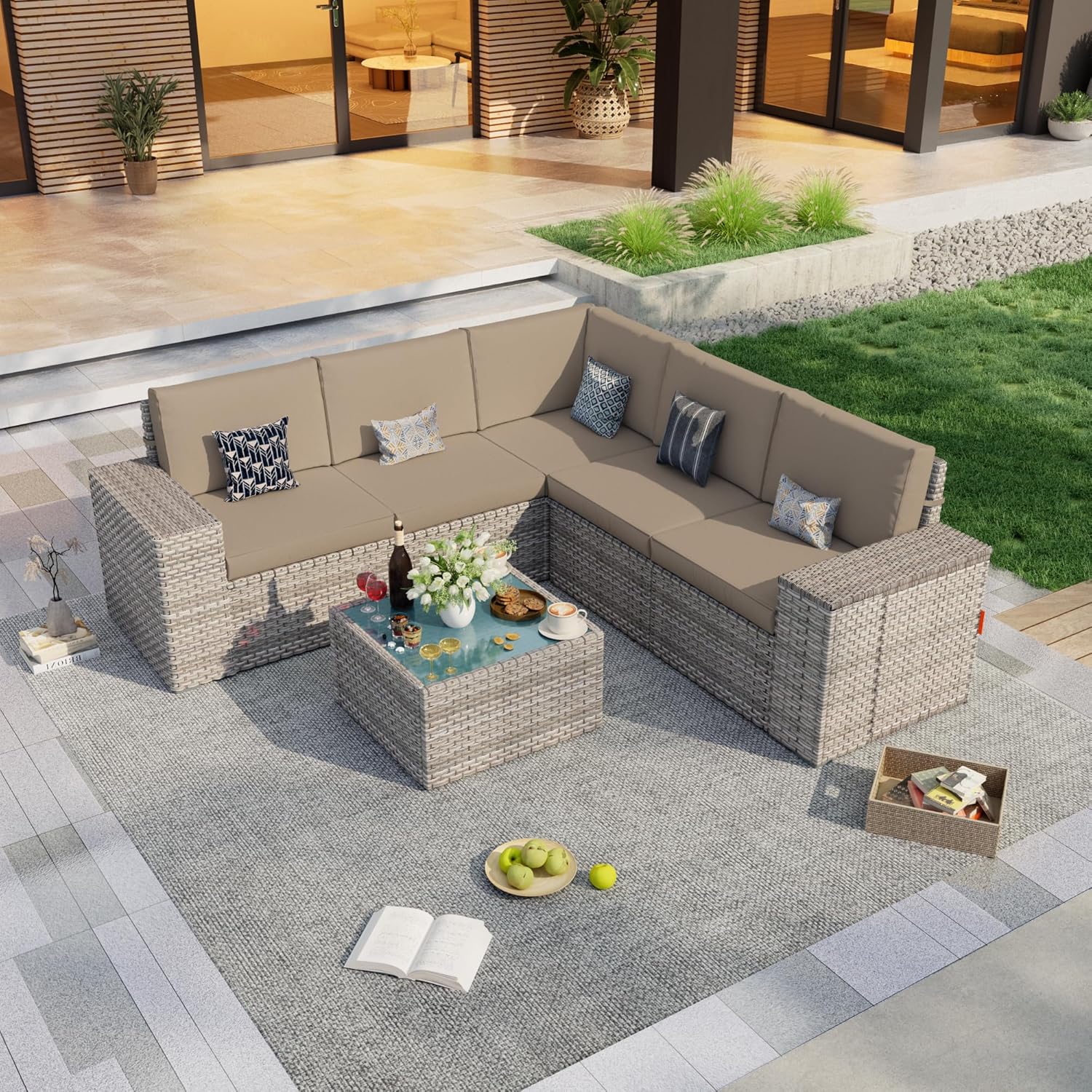 6 Pieces Patio Furniture Set, Outdoor Modular Sectional Couch Conversation Set with Wide Armrests, Wicker Seating Group Sofa with Coffee Table for Backyard Balcony Garden Deck (Khaki Cushions)