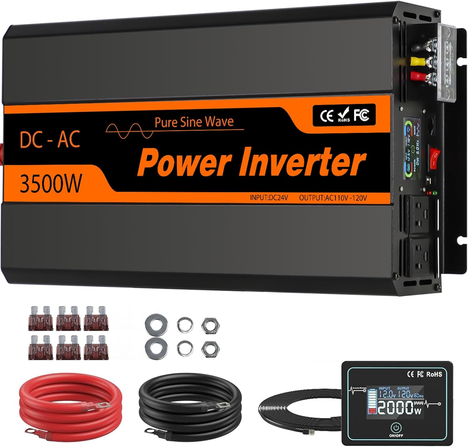 PowMr 3500W Pure Sine Wave Power Inverter 24V DC to 110V AC Converter with USB Port, Remote Control Panel, fit for RV, Truck, Solar System, Off-Grid Applications
