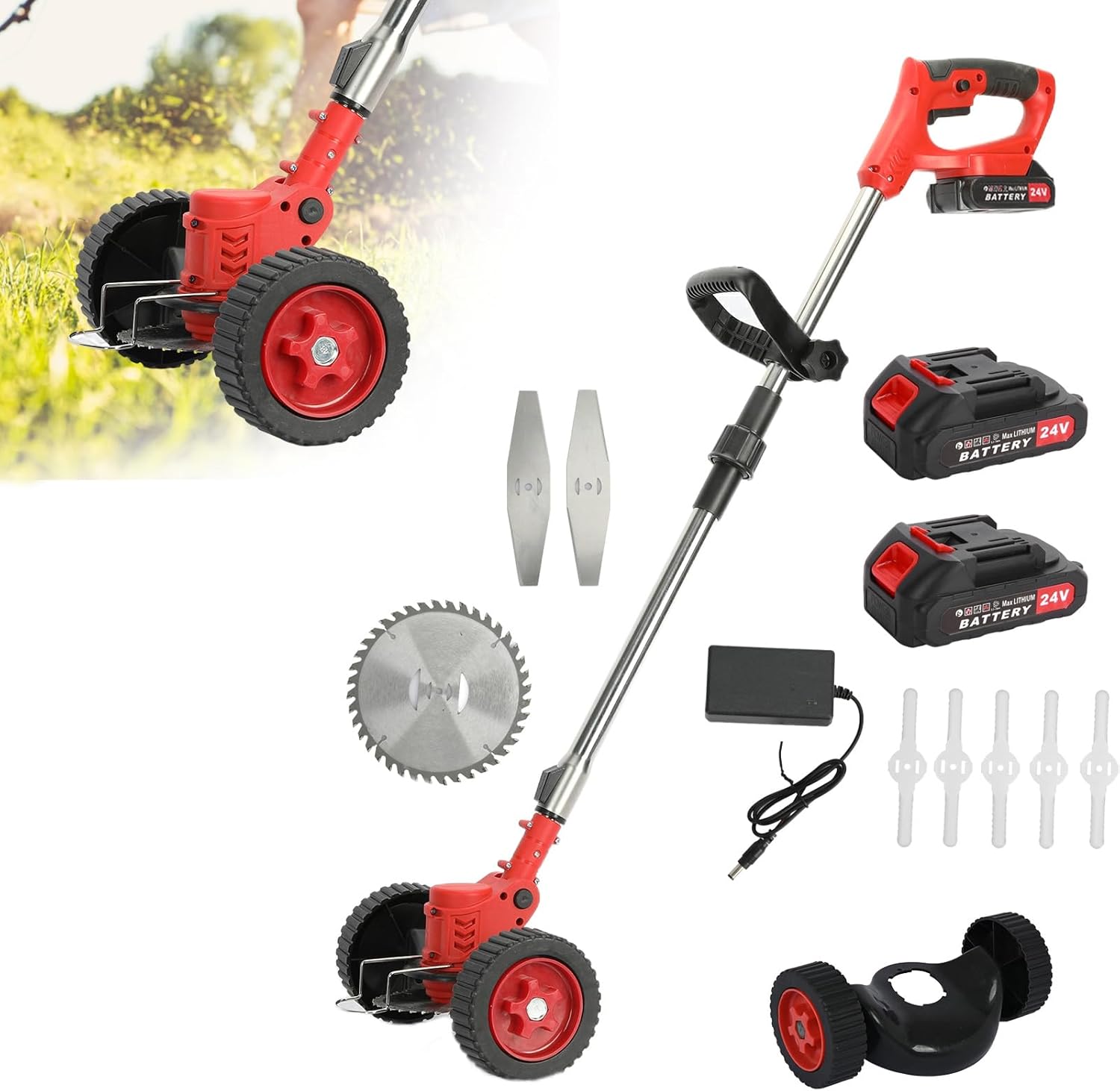 24V Electric Weed Wacker Cordless,Weed Eater Battery Powered with 2*2000mAh Battery & Wheels,Lightweight Grass Trimmer Cordless with 3 Types Blade,Foldable Lawn Edger/Brush Cutter for Yard a