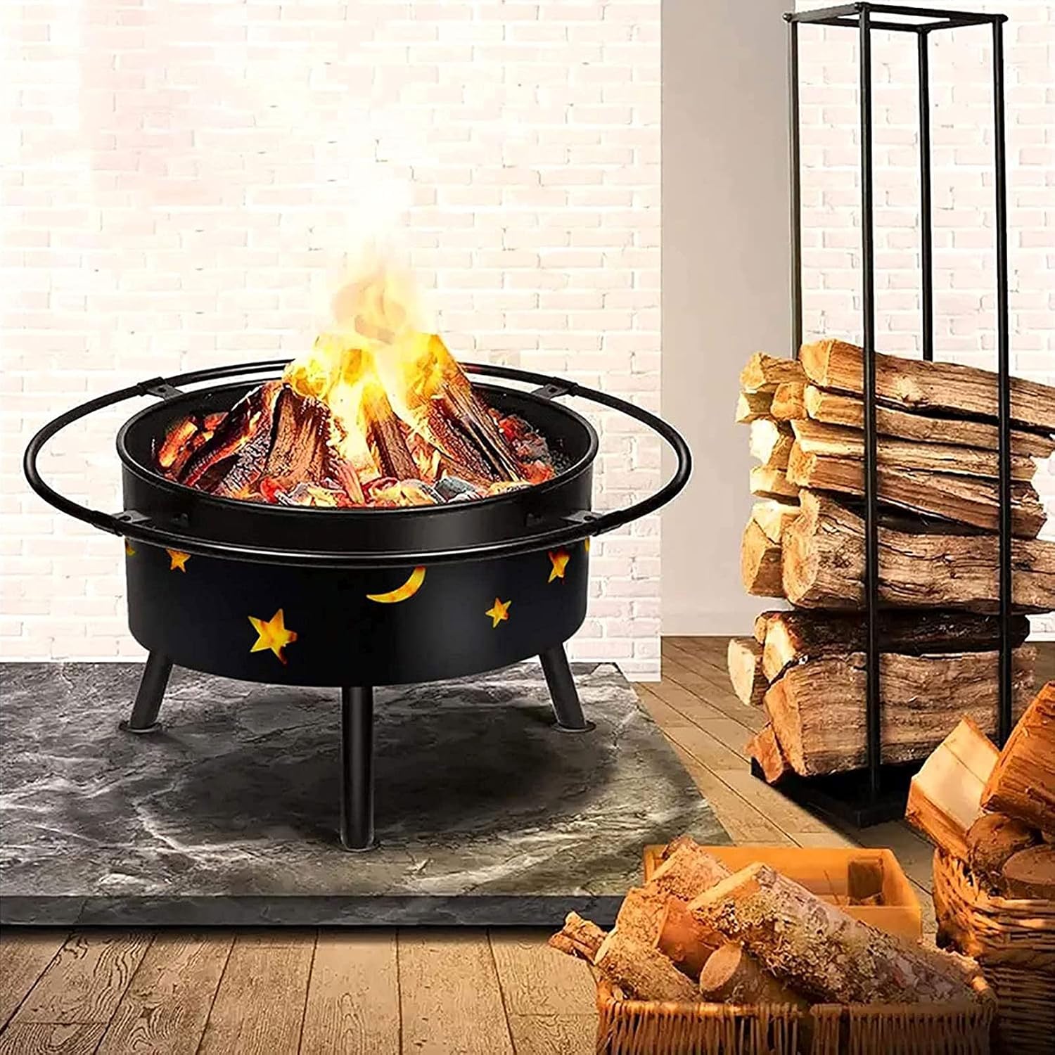 Fire Pit for Heating/BBQ, Multifunctional Outdoor Wood Burning Pits with BBQ Grill Shelf & Protective Cover, Portable BBQ Grill Garden Terrace Fire Bowl for Camping BBQ