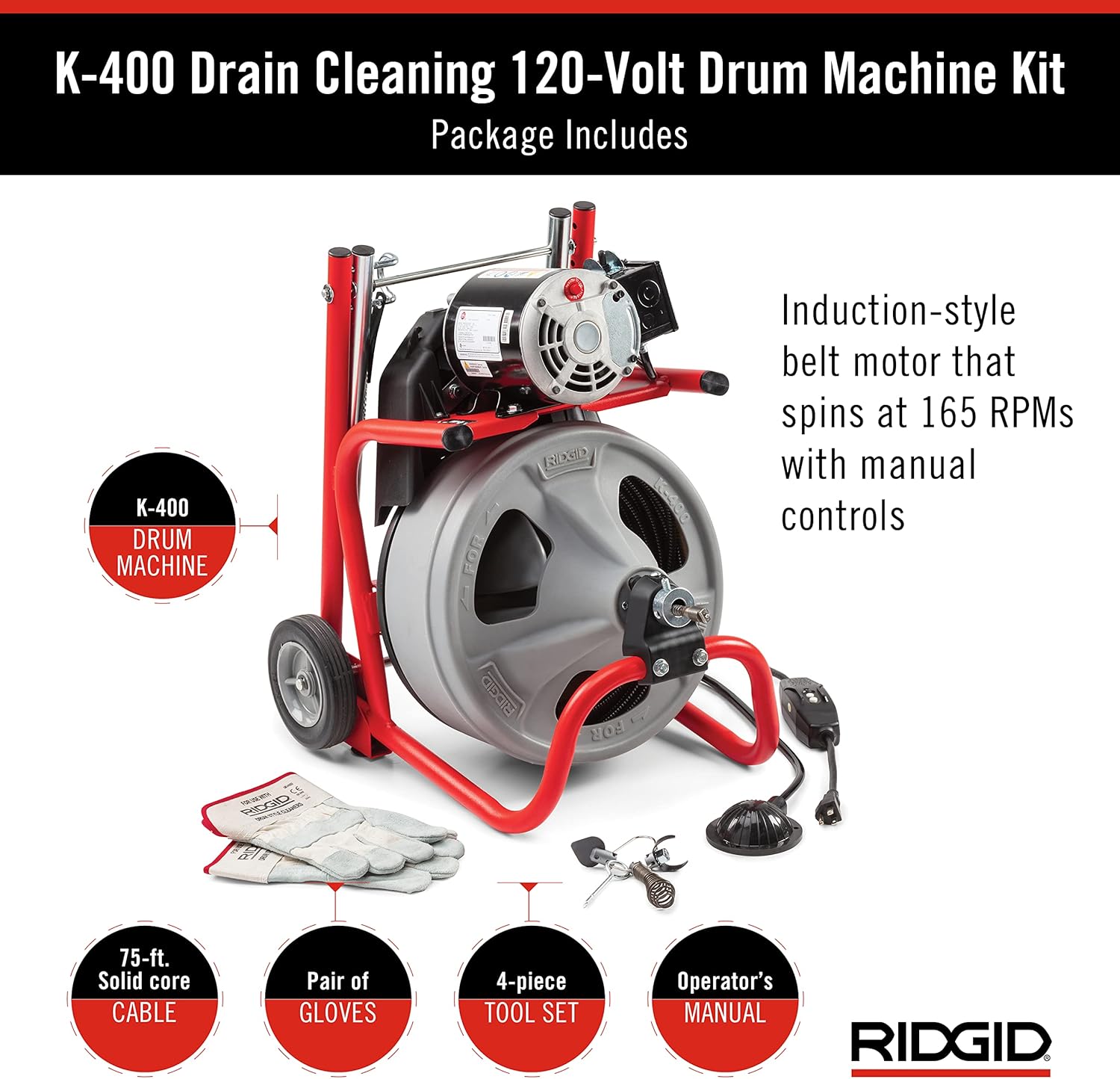 RIDGID 26998 Model K-400 Drain Cleaning 120-Volt Drum Machine Kit with C-45IW 1/2