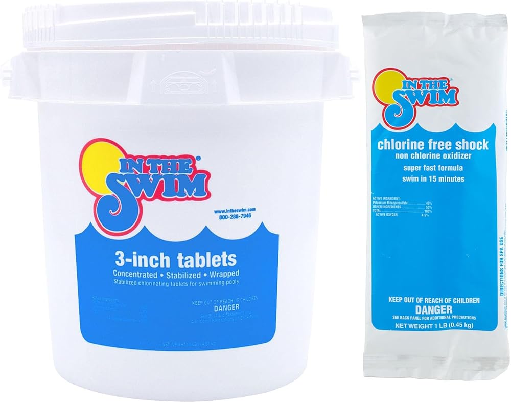 In The Swim Chlorine-Free Shock & Chlorine Tablets Bundle: 12 x 1 Pound Bags Shock + 10 Pound Bucket of 3 Inch Stabilized Tablets