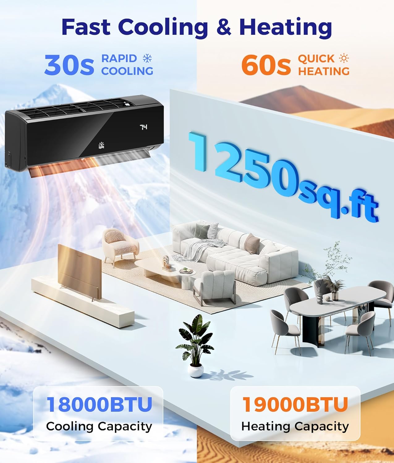 Mini Split Ac/Heating System - 18000 BTU Mini Split Air Conditioner with Heat Pump Wifi Enabled Inverter, 21 SEER2 230V Energy Efficient Precharged Split Ac Unit Up to 1250 Sq.Ft