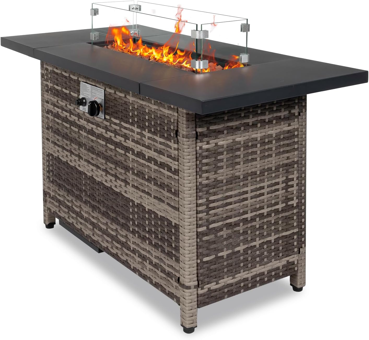43 Inch Gas Fire Pit Table, Patio Outdoor Propane Fire Pits with Removable Lid and Lava Rock, 50000 BTU,Waterproof Cover and Tables for Patio Garden (Brown)