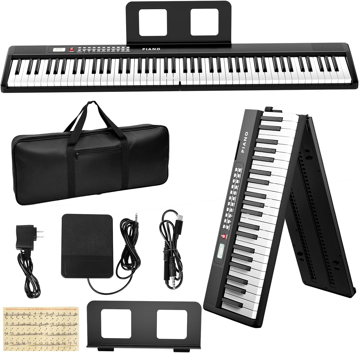 Electronic Piano keyboard,Foldable Full Size 88 Key Digital Pianos with Power Adapter,Pedal,Sheet Music Stand,Sticker,Bag,for Beginners,Black