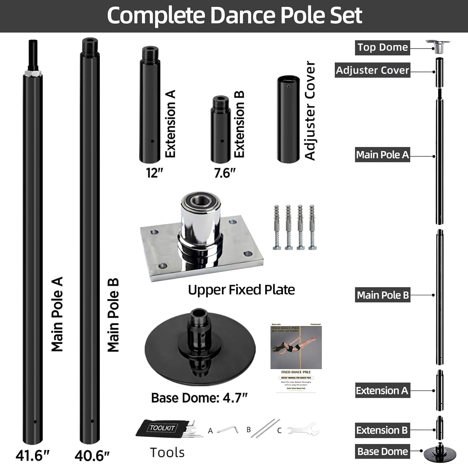 PRIOR FITNESS Permanent Fixed Dance Pole Kit, Professional 45mm Spinning & Static Dancing Pole Heavy-Duty Steel Pole Dance for Home, Adjustable Height Excellent for Home Exercise Studio Club Gym