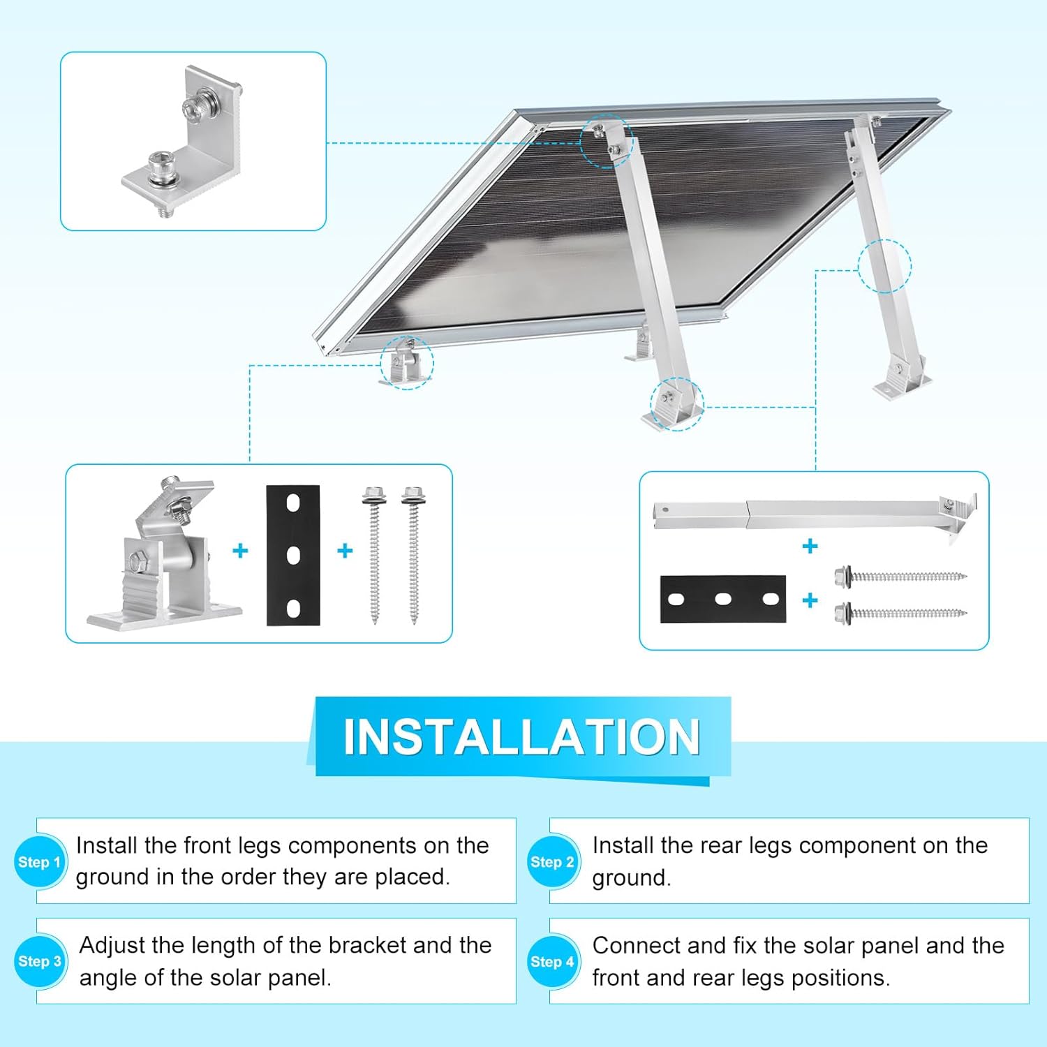 2 Sets Adjustable Solar Panel Tilts Mount Brackets Aluminum Alloy Mounting Brackets Kit Support 50W 70W 100W 150W 200W 300W 400W Solar Panel for Roof/RV/Boat/Wall/Off-Grid/Camping