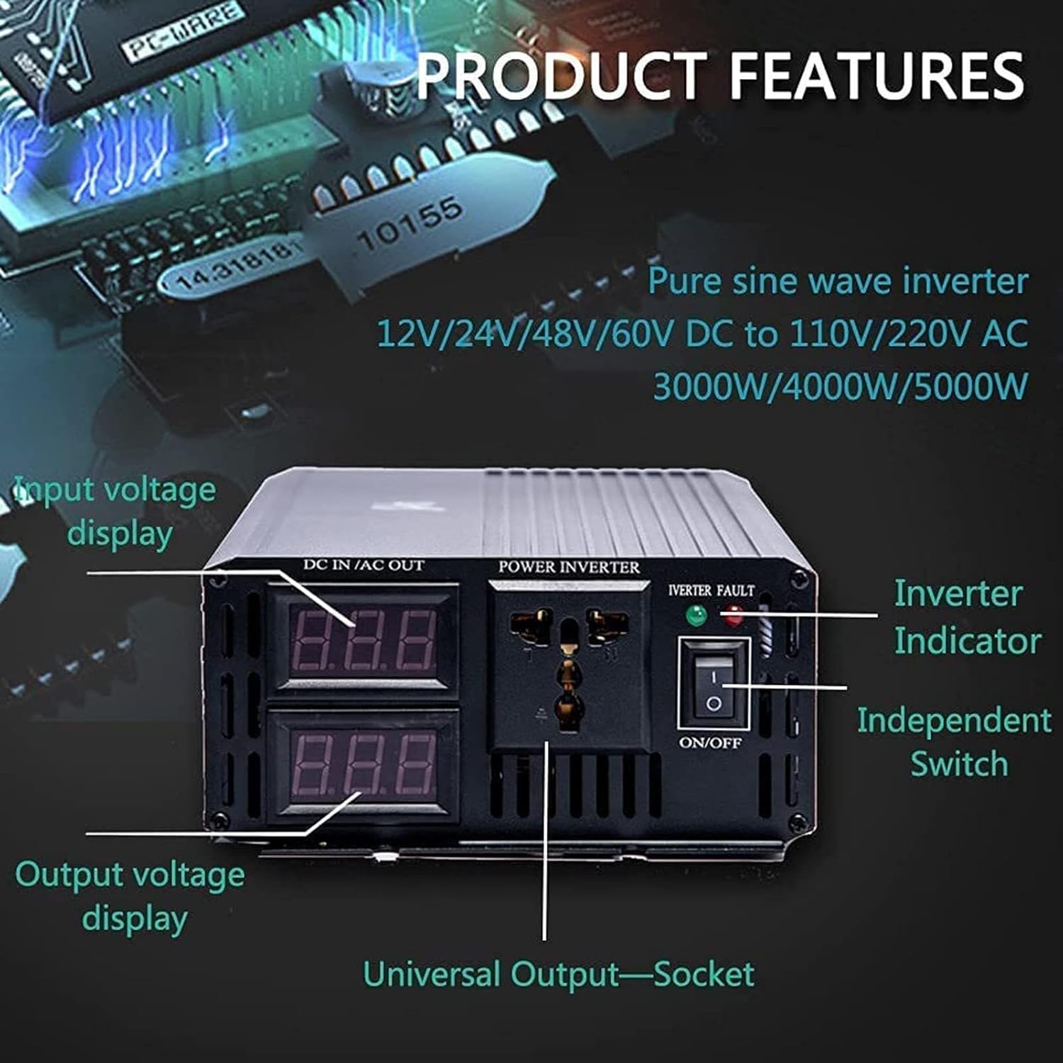 Power Inverter Pure Sine Wave Inveter 3000W 4000W 5000W 12V/24V/48V/60V DC to 110V/220V AC Car Inverter Outlets with eUSB Port Two Cooling Fans Suitable for Cars Camping 3000W-12Vto110V(60vto110v,3000