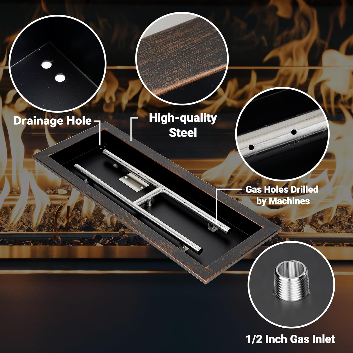 Skyflame 30 x 10 Inch Rectangular Fire Pit Pan Kit, Black Drop-in Fire Pit Pan and Burner, Come with Spark Ignition and Propane Hose, Indoor/Outdoor Fire Pit, Fire Table DIY Decorative