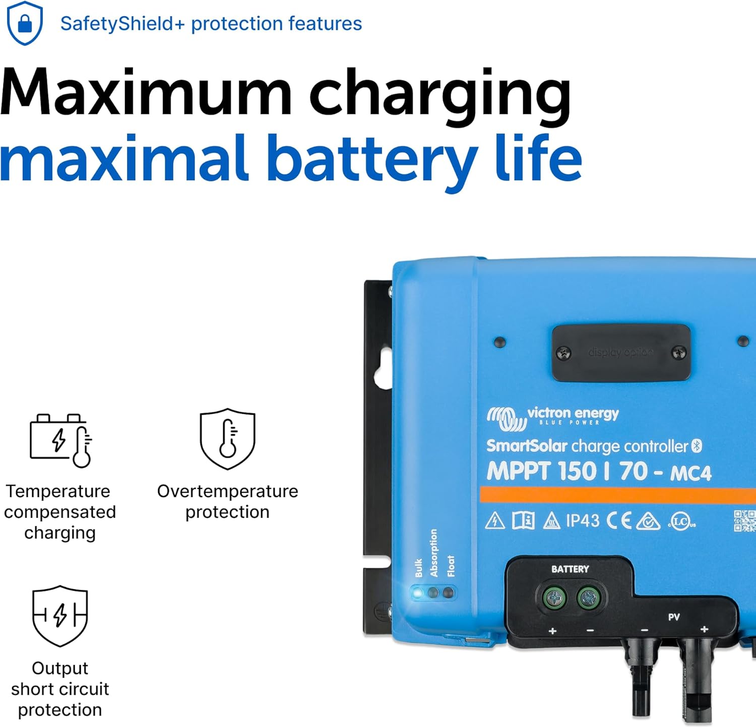 Victron Energy BlueSolar MPPT MC4 Compatible Solar Charge Controller - Charge Controllers for Solar Panels - 150V, 70 amp, 12/24/36/48-Volt
