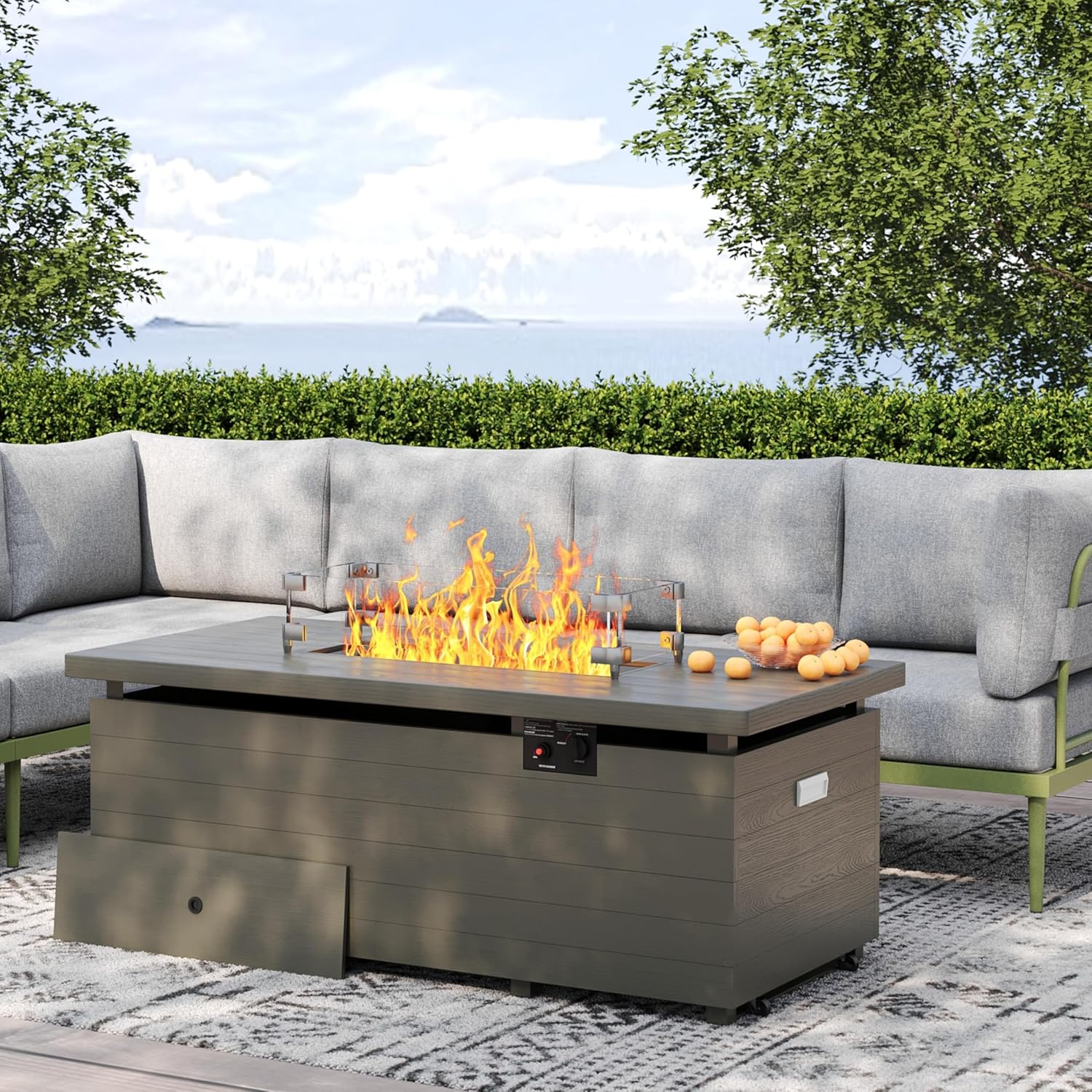 5 Pieces Metal Patio Furniture Set with Champagne Fire Pit Table, Outdoor Sectional Sofa with 6-Inch Olefin Cushion, Outdoor Furniture Set for Balcony, Patio & Courtyard, Green