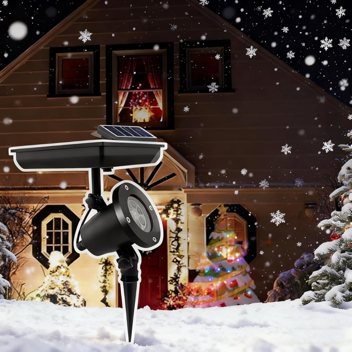 Solar Christmas Snowflake Projector Lights, Wall Mounted and Floor Mount IP44 Waterproof LED Projector Lamp Garden Patio Indoor Holiday Decorative Snowfall Lighting