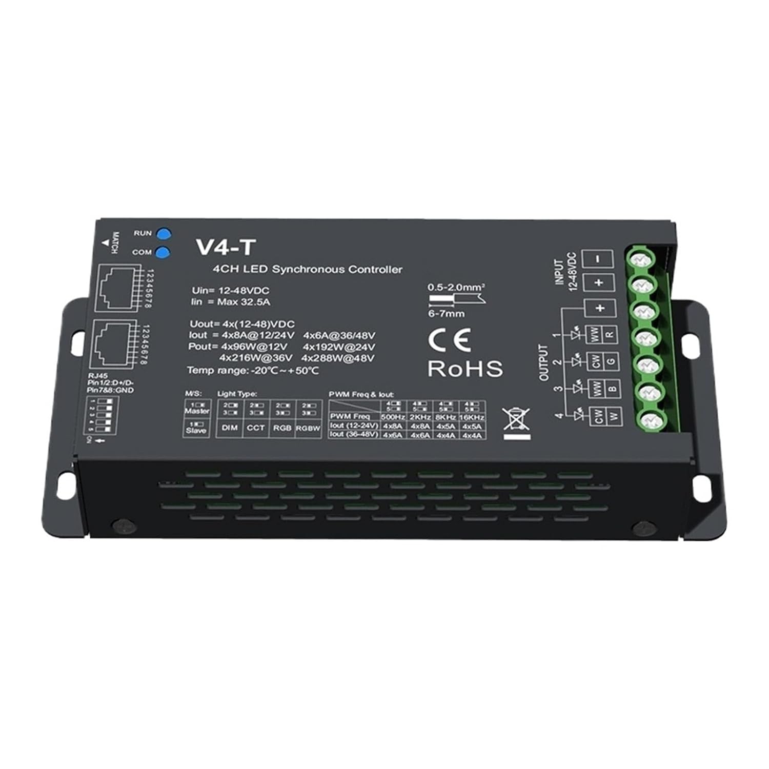 Synchronous 4-Channel LED Controller DMX512 PWM dimming Master-Slave Mode 10 RGB Dynamic Mode DC12-48V(4 CH LED Controller)