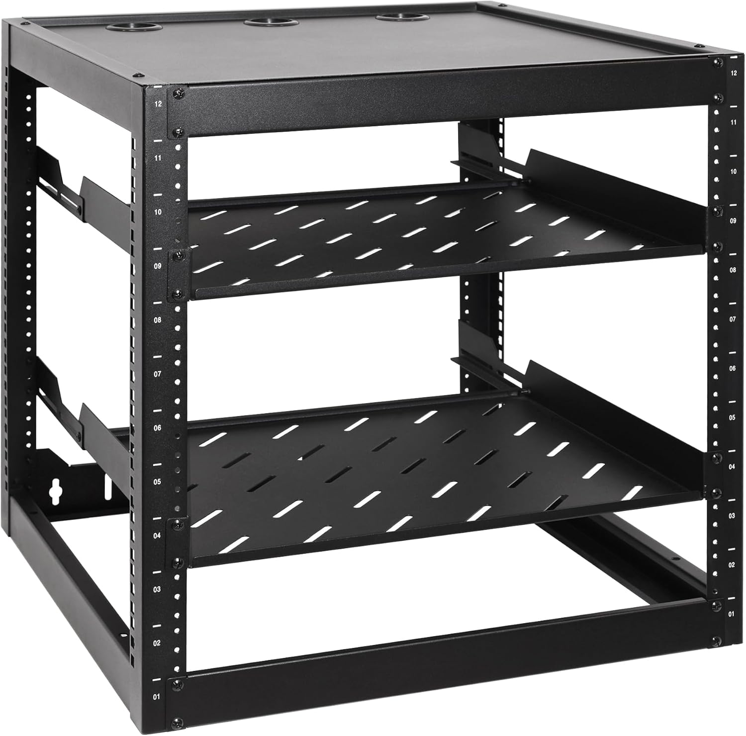 RackPath 12U Open Frame Network Rack with 2X 14in Vented 1U Shelves Rear Support, Wall Mount/Floor Standing Network Cabinet, Heavy Duty 150 lbs Capacity for IT & AV Gear, Audio and Video Device