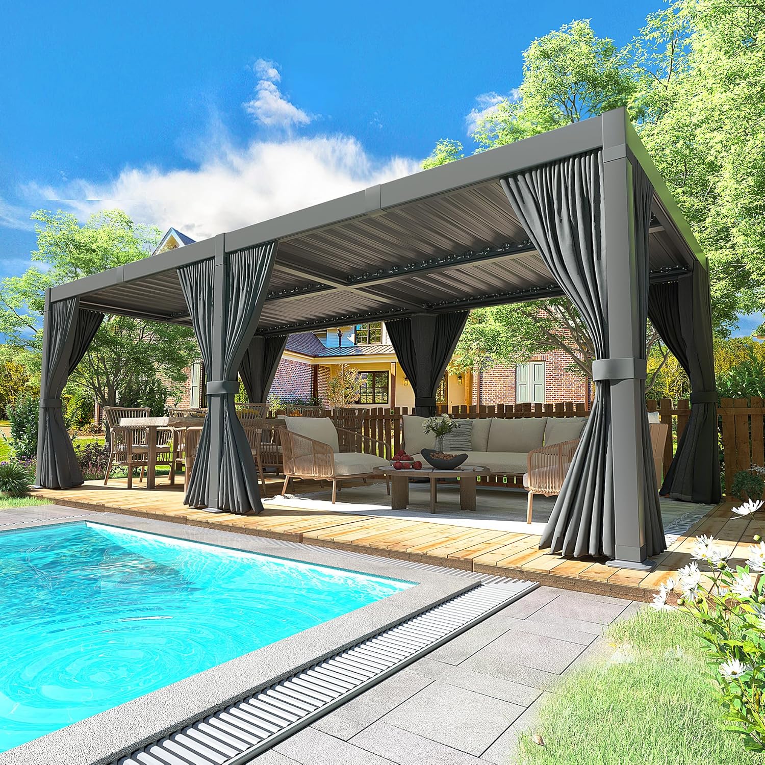 VIWAT Aluminum 10x20 FT Louvered Pergola, Outdoor Pergola with Adjustable Louvered Roof Outdoor Patio Shade Cover, Waterproof & Rustproof Aluminum Gazebo for Backyard and Garden, Gray