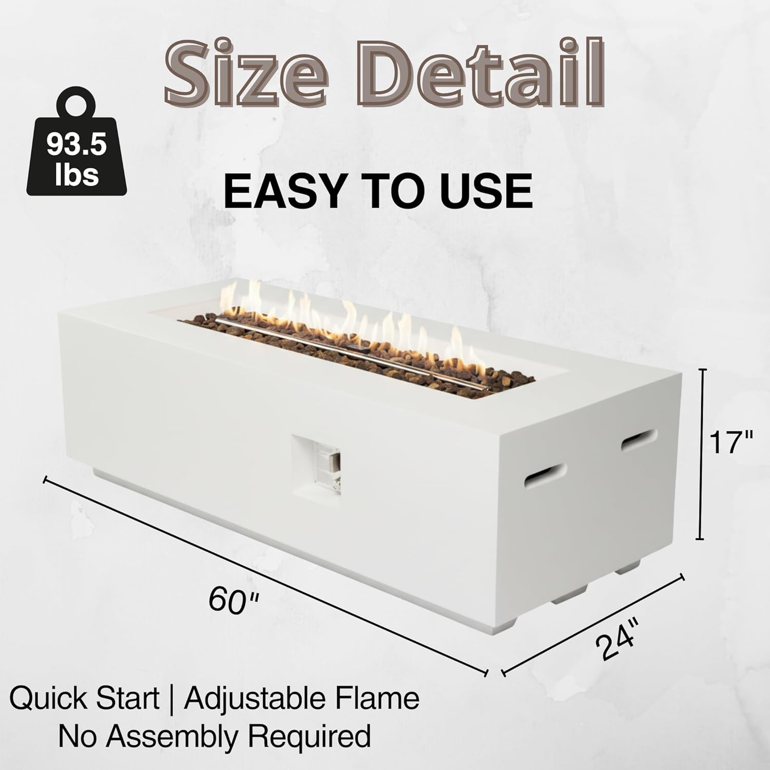 GOWE Outdoor Rectangle Propane Fire Pit Table 60inch, 60,000 BTU Concrete Fire Table with Waterproof Cover, Auto-Ignition, Free Lava Rocks,White