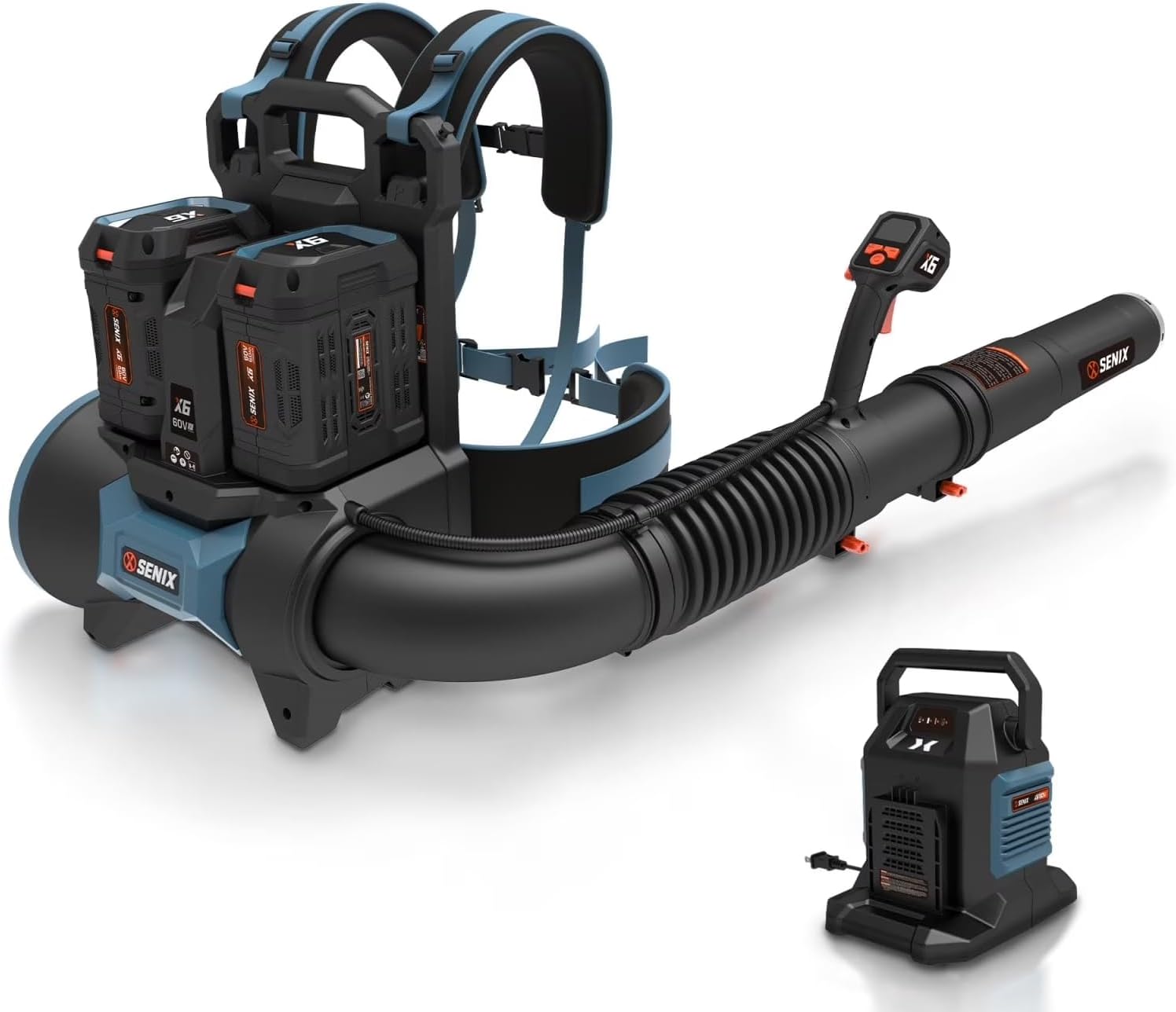 SENIX 60V Backpack Leaf Blower, 2400W Brushless Cordless Leaf Blowers, 950CFM / 140MPH, 4 Speed/Volume Mode, 2 X 6.0Ah Batteries and Dual Port Fast Charger for Yard, Garden